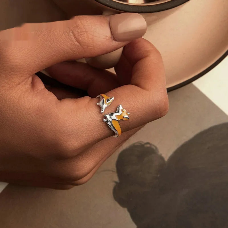 Silver electroplated cartoon corgi pet ring for women with adjustable design