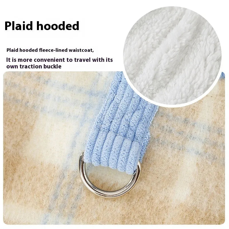 Blue corduroy chessboard grid hooded traction vest for dogs with checkered pattern and functional hood