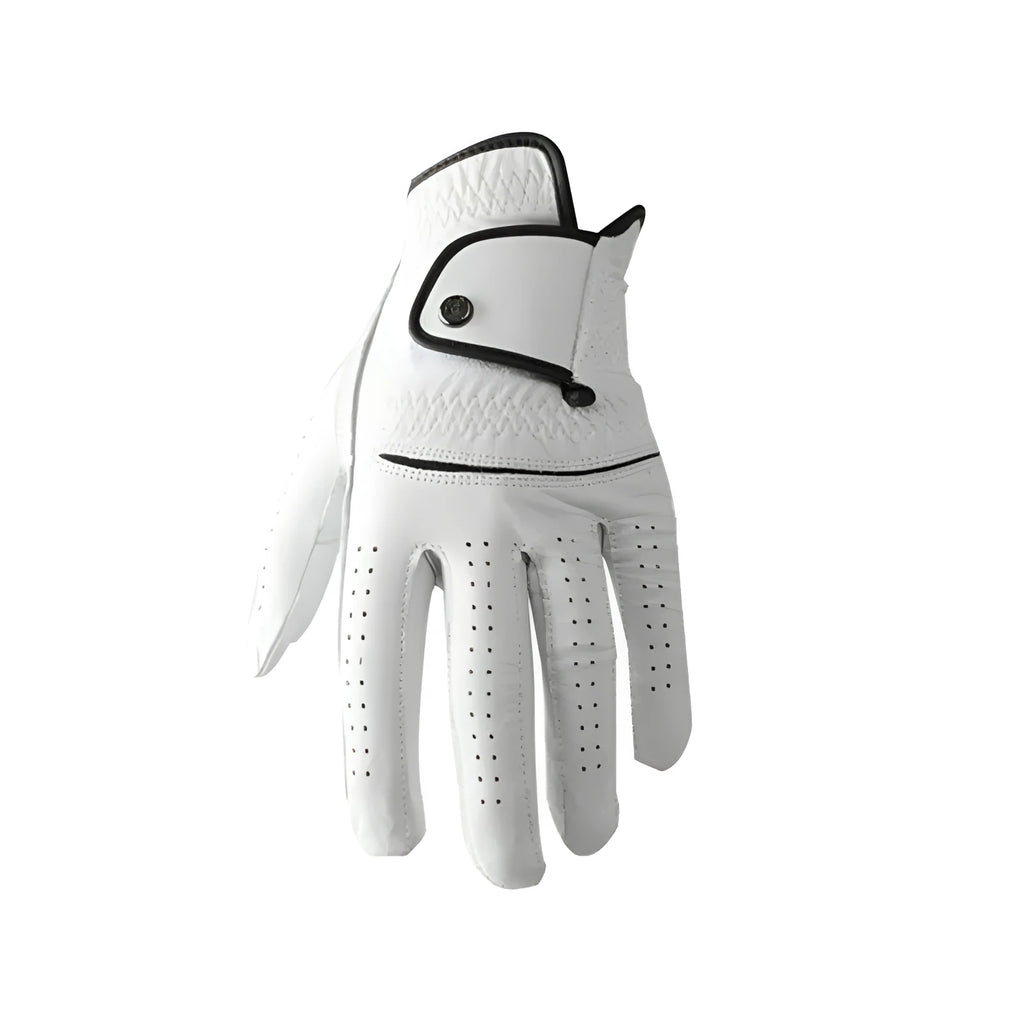 A white men's golf glove made from half sheepskin leather, showing a non-slip palm.