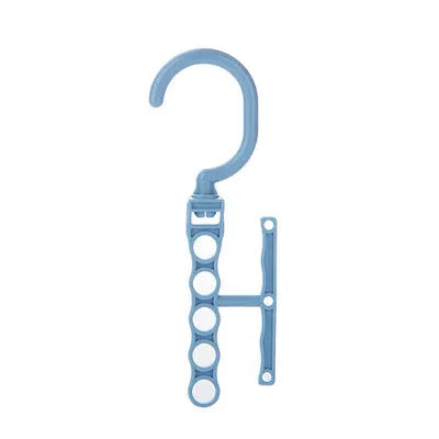 Blue revolving wardrobe hanger with five rotating branches and a central handle.