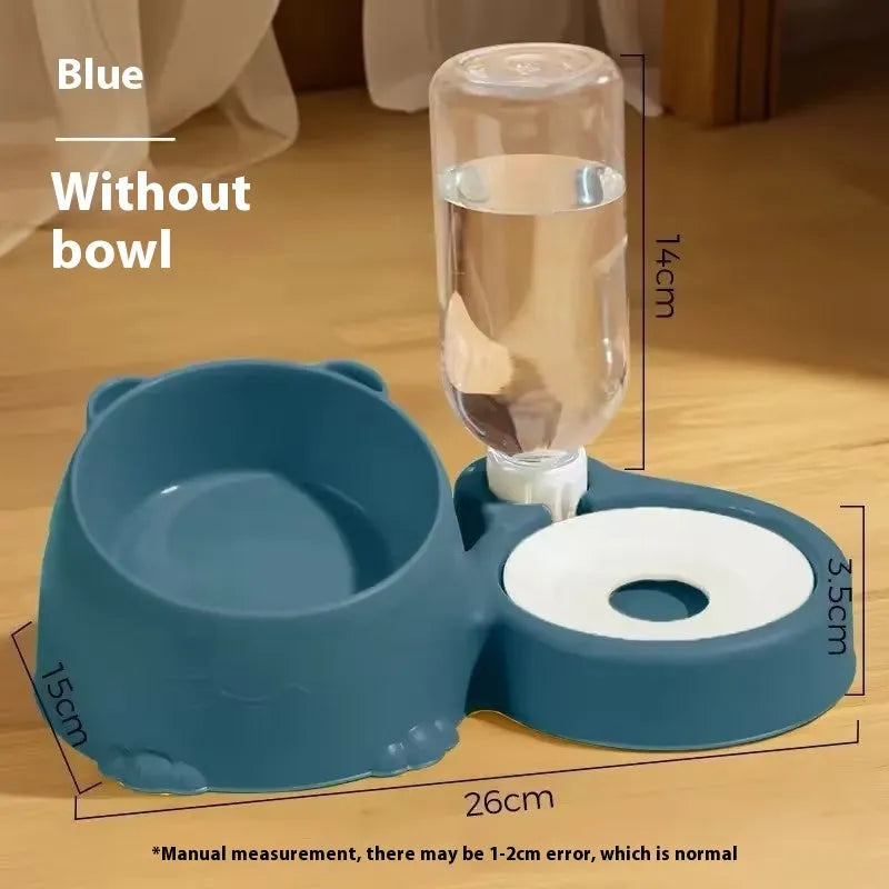Automatic pet water fountain with two raised stainless steel and ceramic bowls on a plastic base in haze blue