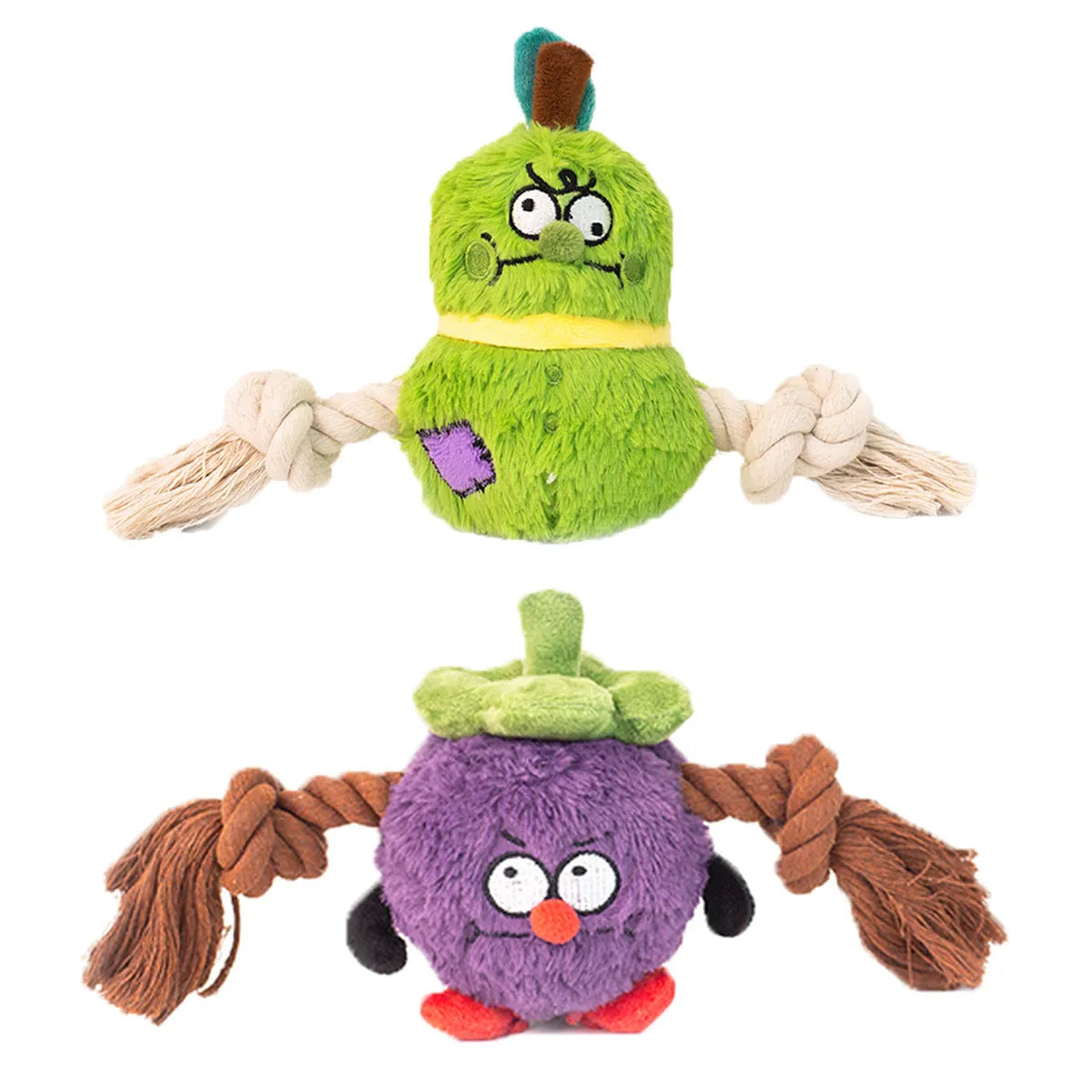 Green and purple interactive plush rope knot dog toy with molar tooth texture for tug of war and chewing.