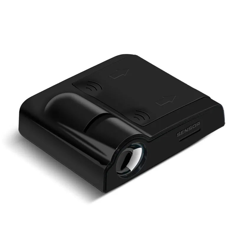 Black and beige ABS plastic car projection lamp showing 6.5cm length with battery compartment and universal mounting
