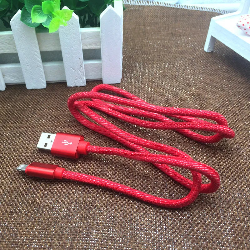 USB Type-C charging cable with blue denim fabric sleeve and aluminium connector.