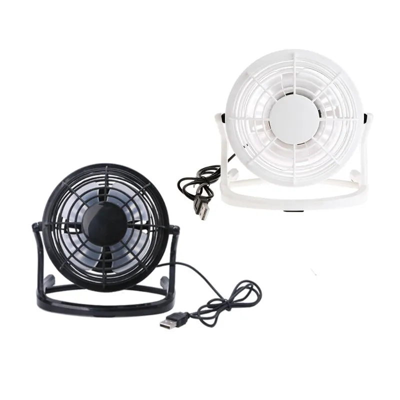 Mini USB desktop fan showing adjustable tilt mechanism and black/white/blue colour options
