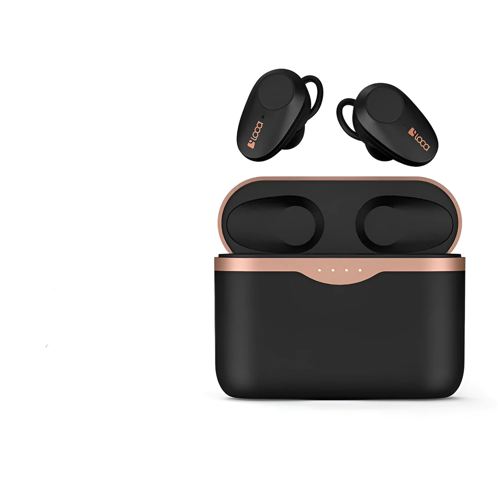 Black wireless Bluetooth headphones with charging case on a table.