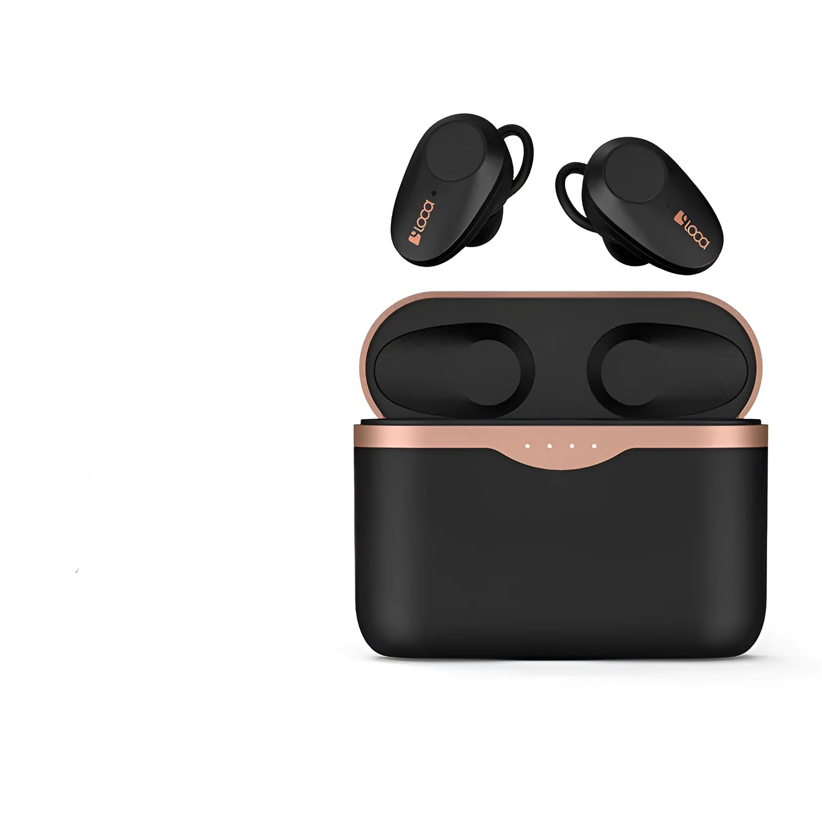 Black wireless Bluetooth headphones with charging case on a table.
