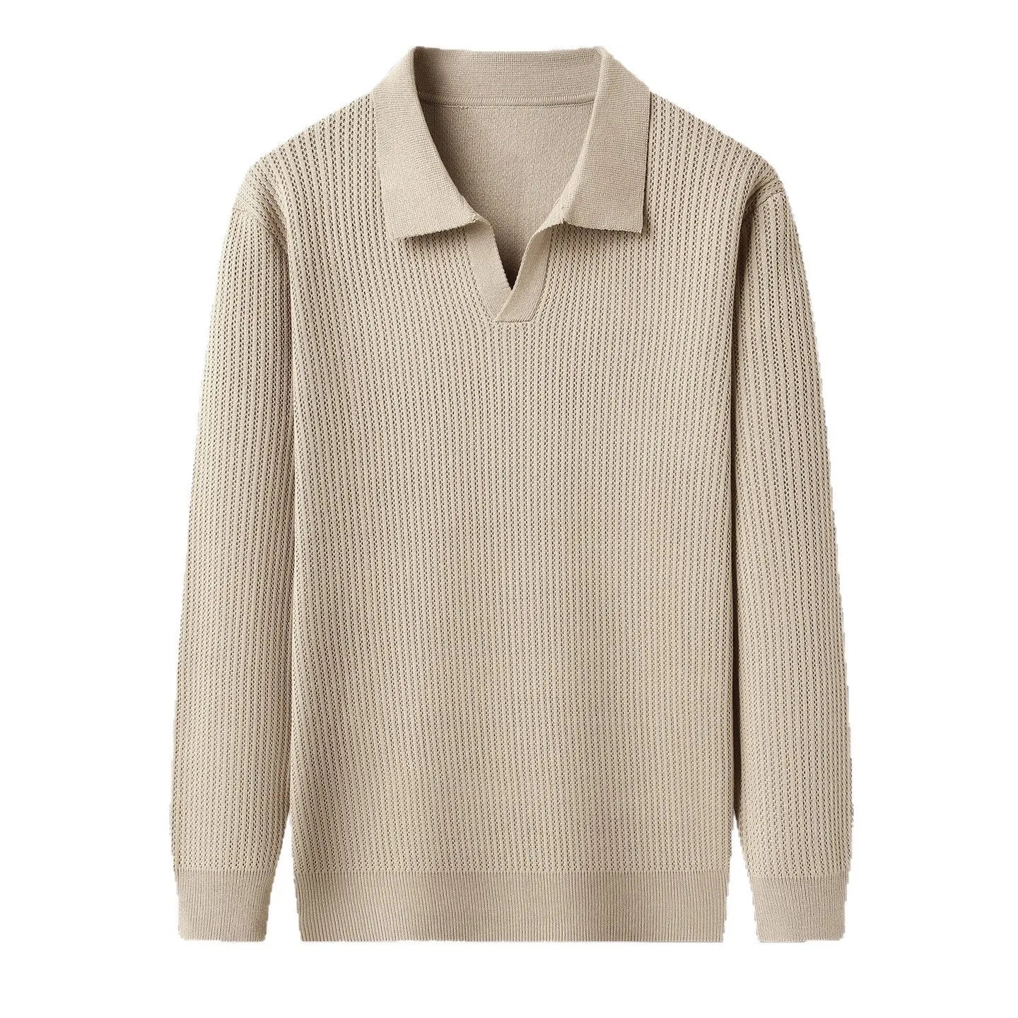 Man wearing a loose green pullover sweater, a casual autumn bottoming layer.