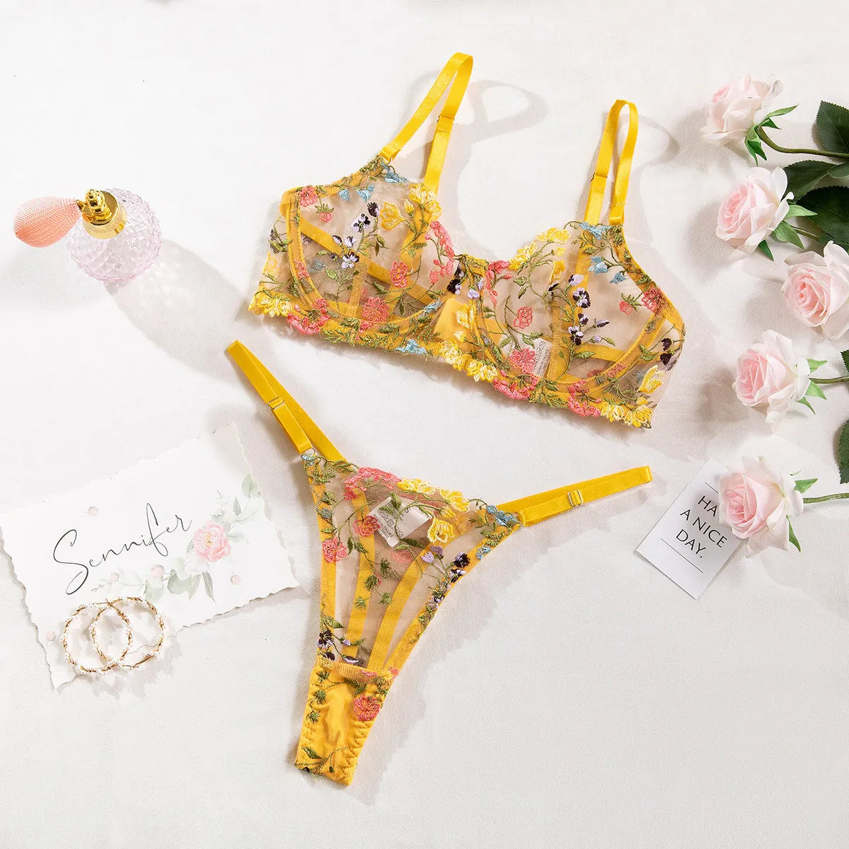 Floral mesh bra with steel rings and T-back design in five colour options