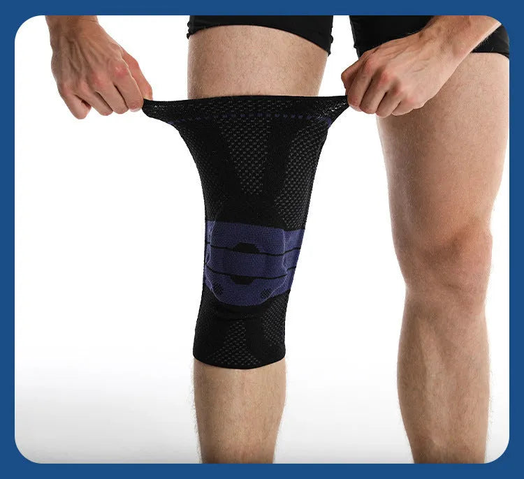 Adult sports kneecap in black and blue colours, made from nylon and spandex, for knee protection.