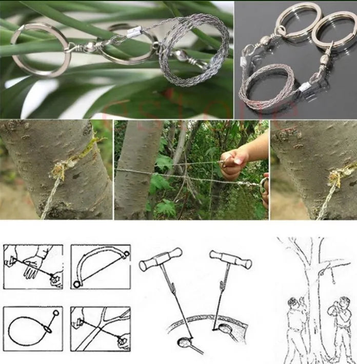 Stainless steel survival wire saw with thumb rings, extended to show its 70cm length.