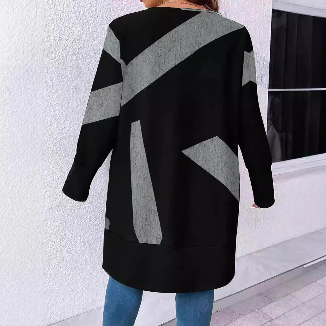 Black loose casual plus size knitwear cardigan with button stitching and printing design
