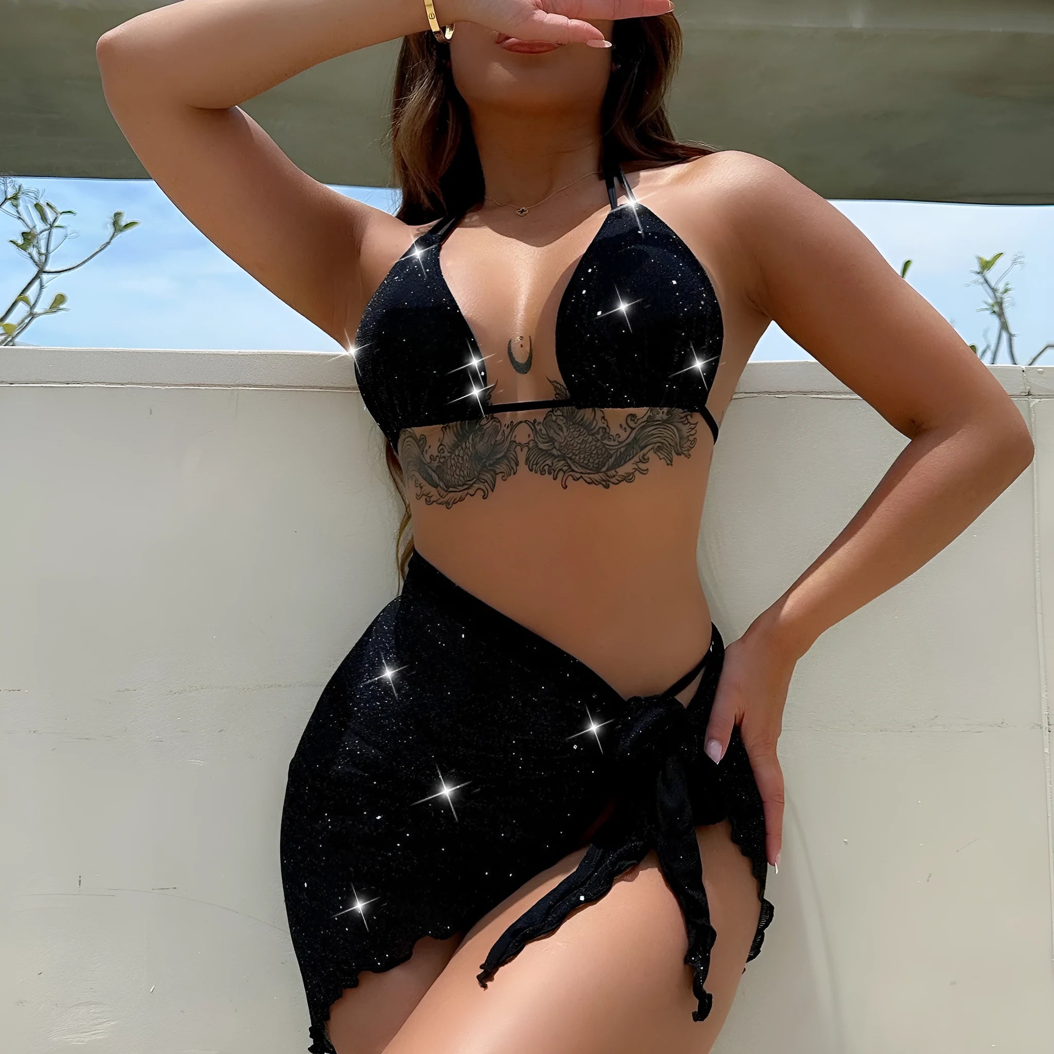 Black three-piece bikini swimsuit set with polyester fabric top and matching shorts