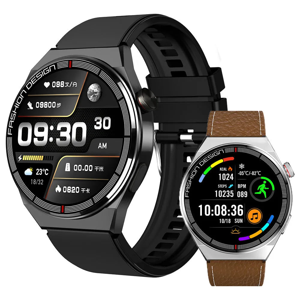 Smartwatch with 1.28-inch display showing health metrics, available in black or silver with silicone or steel straps