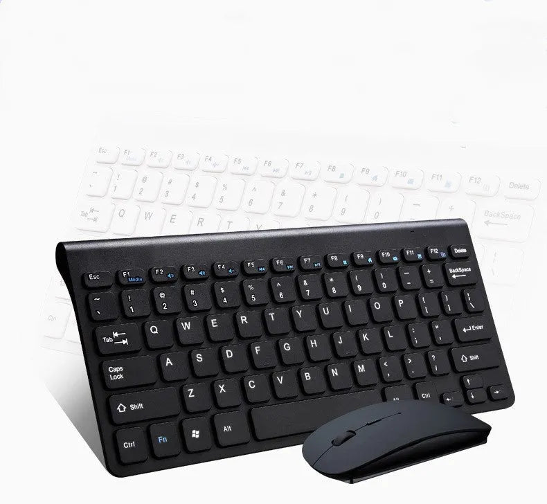 Wireless black keyboard and mouse set with 4G connectivity on wooden desk