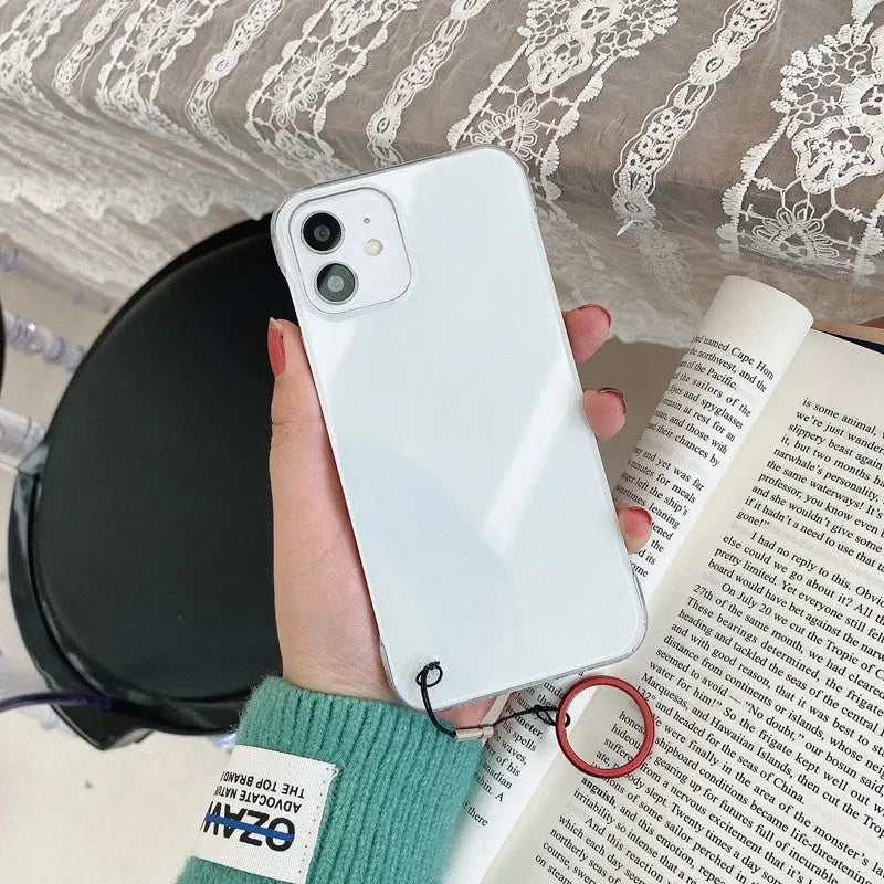 Borderless transparent anti-drop PC phone case with mirror finish and blue lanyard for Apple iPhone