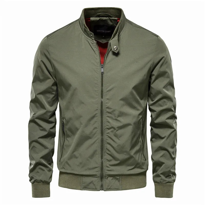 Men's solid colour thin casual jacket in polyester fabric on a hanger.