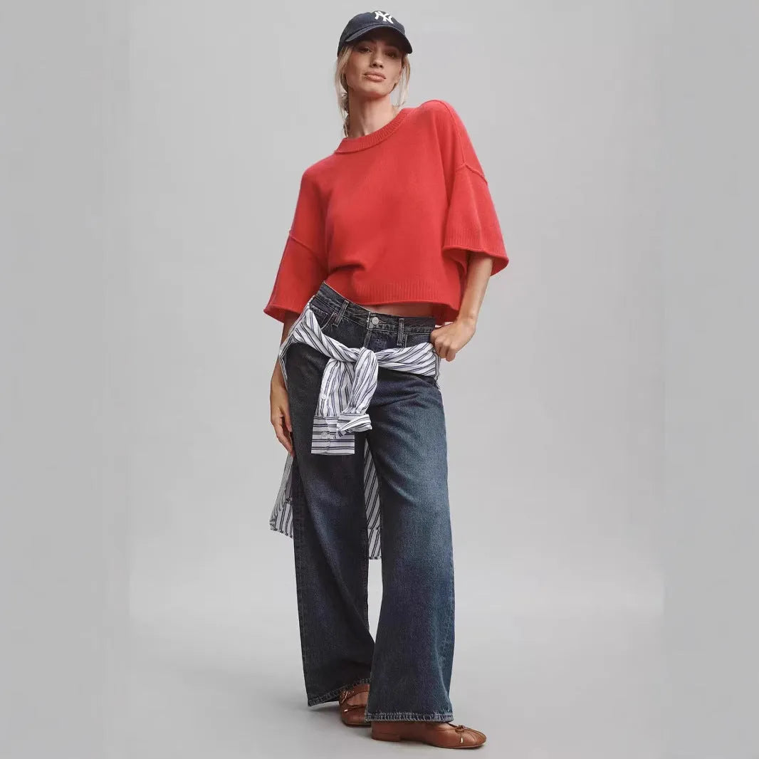 Women's red short t-shirt with V-neck and regular sleeves on white background