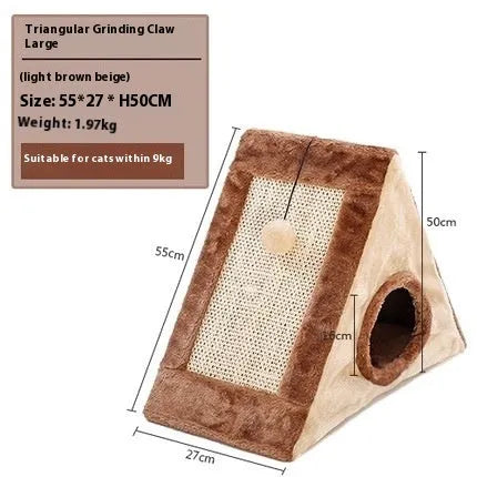 Grey-white triangle cat claw sisal toy with geometric platform design and plate fur material