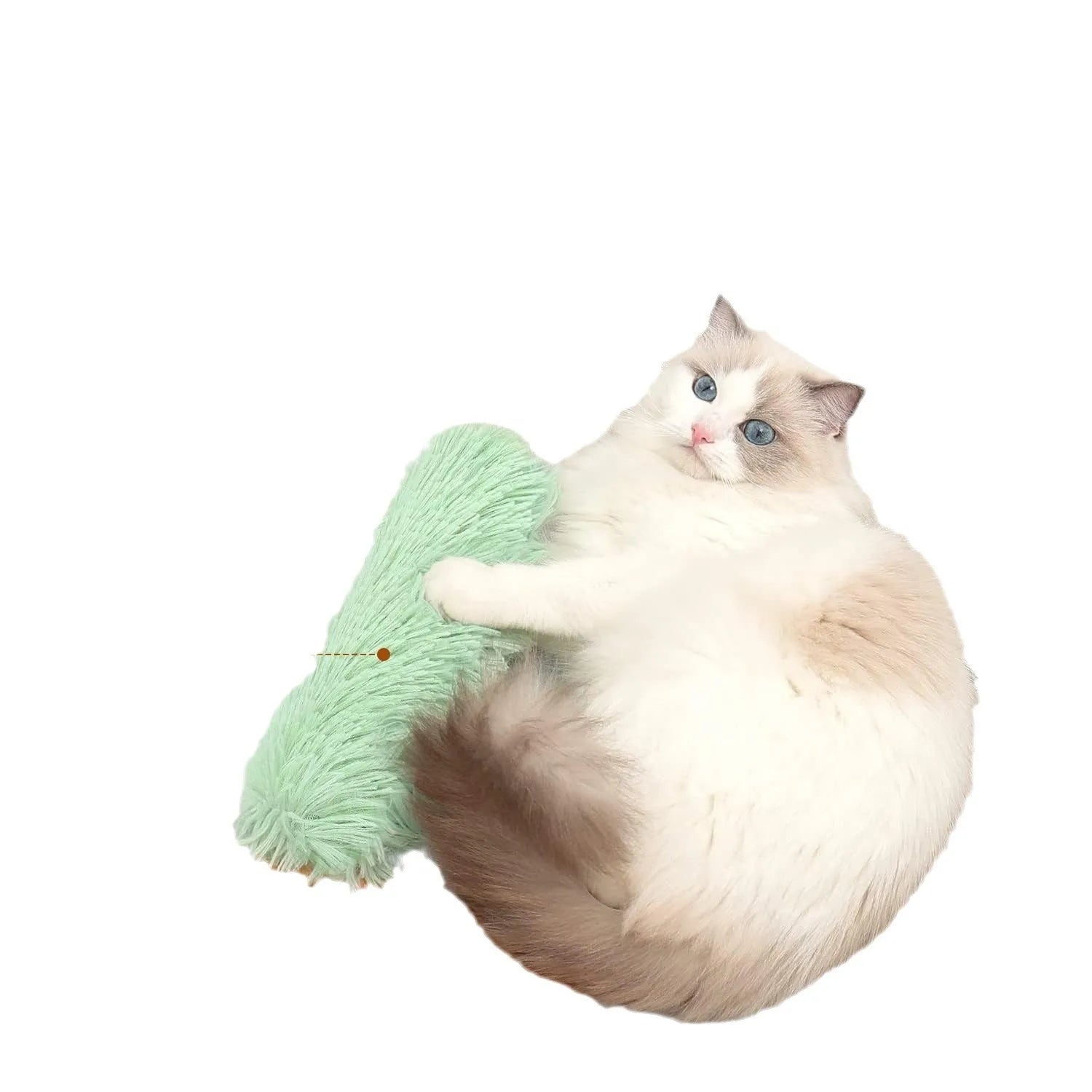 Blue, green, pink, and white plush cat toy pillow measuring 27 by 10 centimetres.