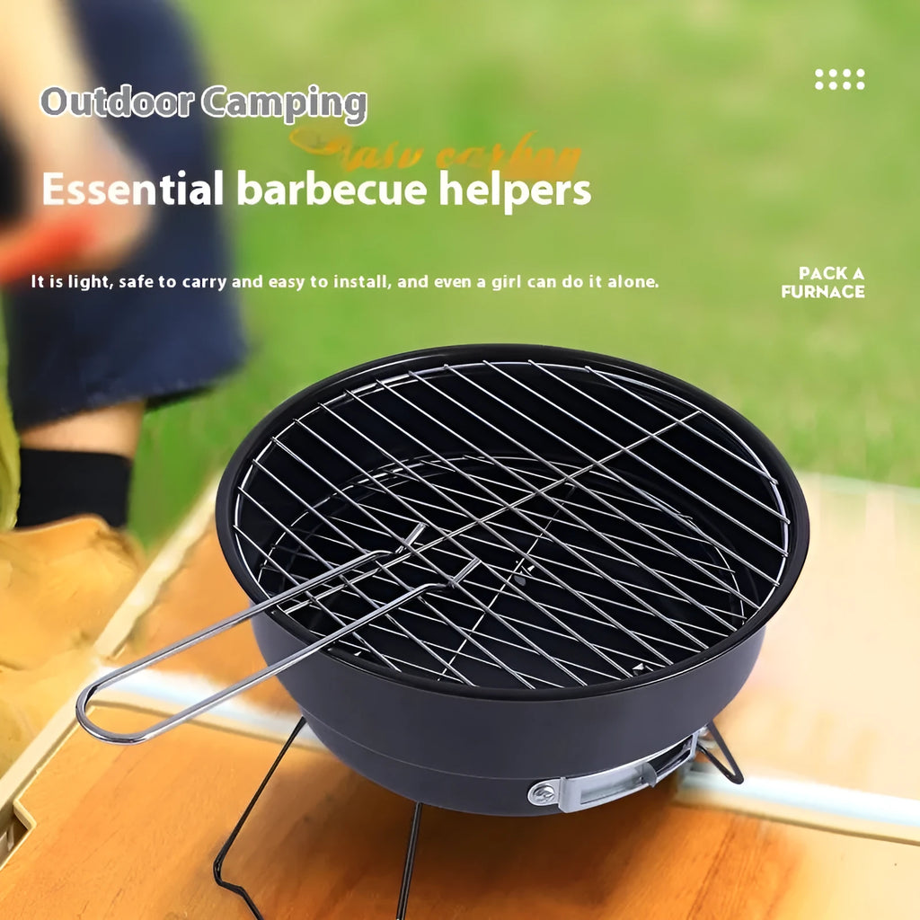 Small round folding outdoor stove with grill mesh and furnace legs for 1-2 person barbecues