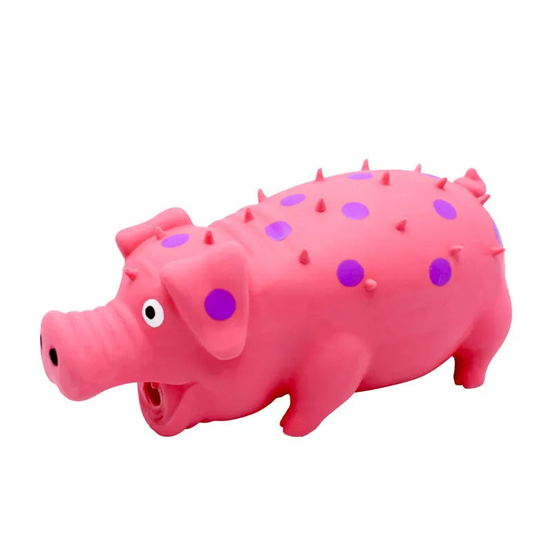 Pig-shaped blue latex dog chew toy with textured surface and squeaker for teeth cleaning