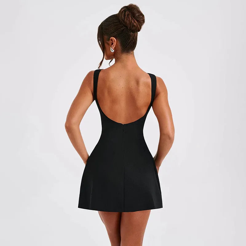 A slim-fitting, backless, sleeveless summer dress with a high waist and short skirt.