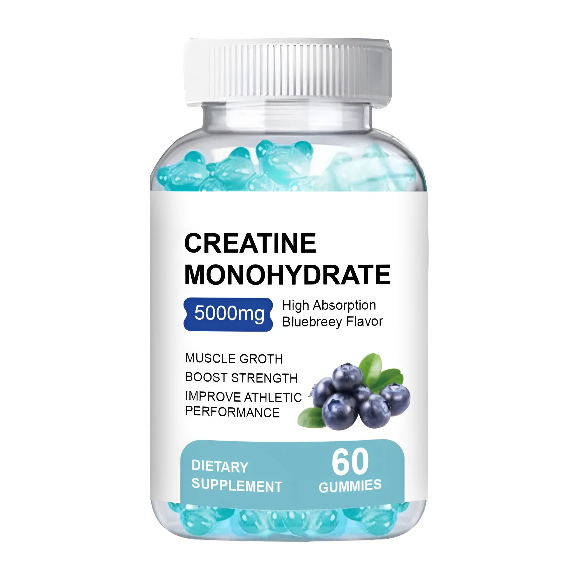 Container of creatine monohydrate gummies showing 60 chewable soft candy pieces for dietary supplementation