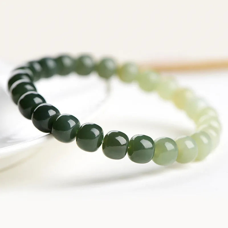Natural Hetian jade bracelet with gradient clear water colour beads in polished finish