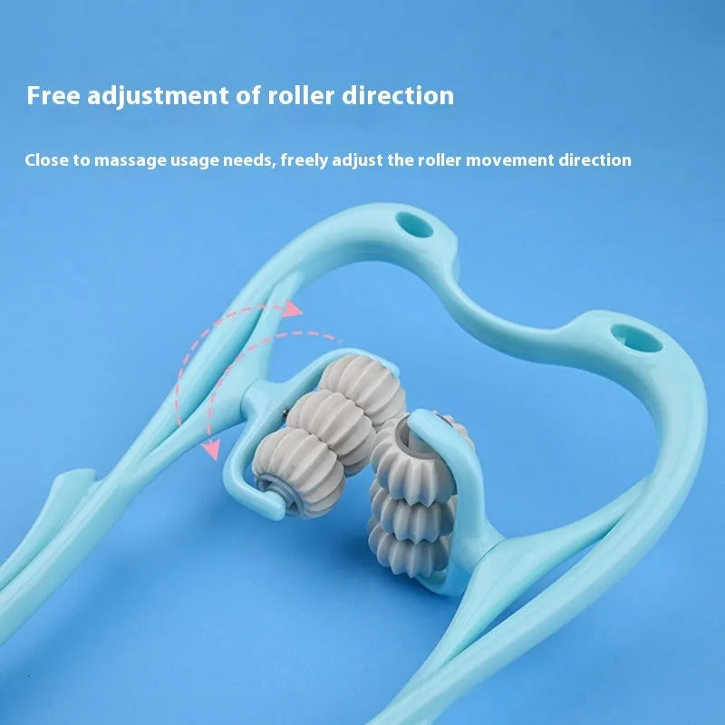 Blue plastic handheld massager with six rotating wheels for neck and shoulder massage.