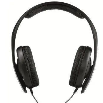 Black head-mounted stereo headphones with 40mm speakers, 3.5mm plug, and built-in microphone