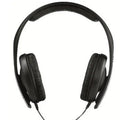 Black head-mounted stereo headphones with 40mm speakers, 3.5mm plug, and built-in microphone