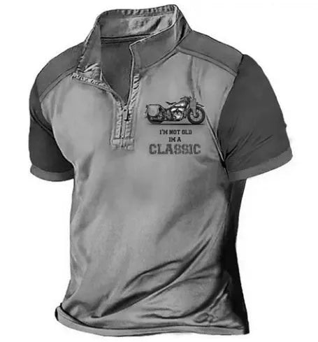 Men's solid colour loose fit golf polo shirt made from bird eye cloth, showing digital print detail.