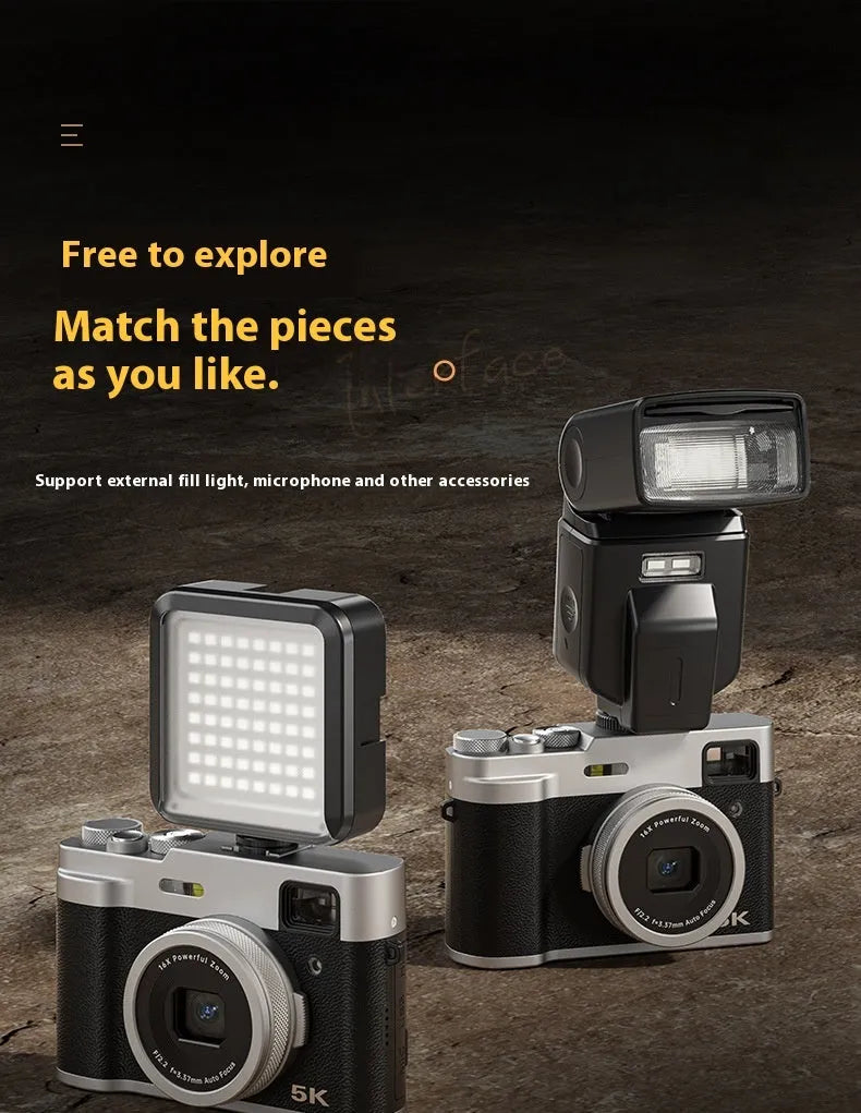 5K HD digital camera with dual front and rear cameras showing optical viewfinder and 2.88-inch screen