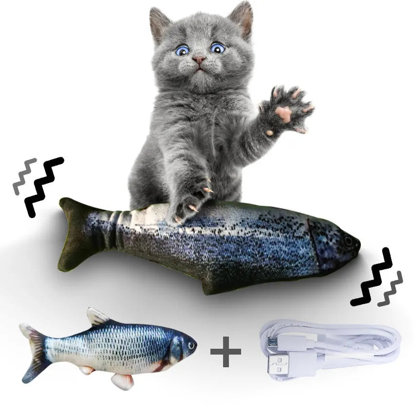 Multicolour electronic fish cat toy measuring 30cm with USB charging cable