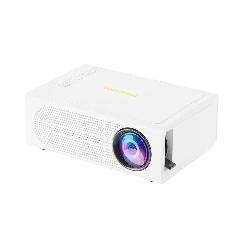 Black and white portable mini projector with wired mobile phone connection and international power plugs