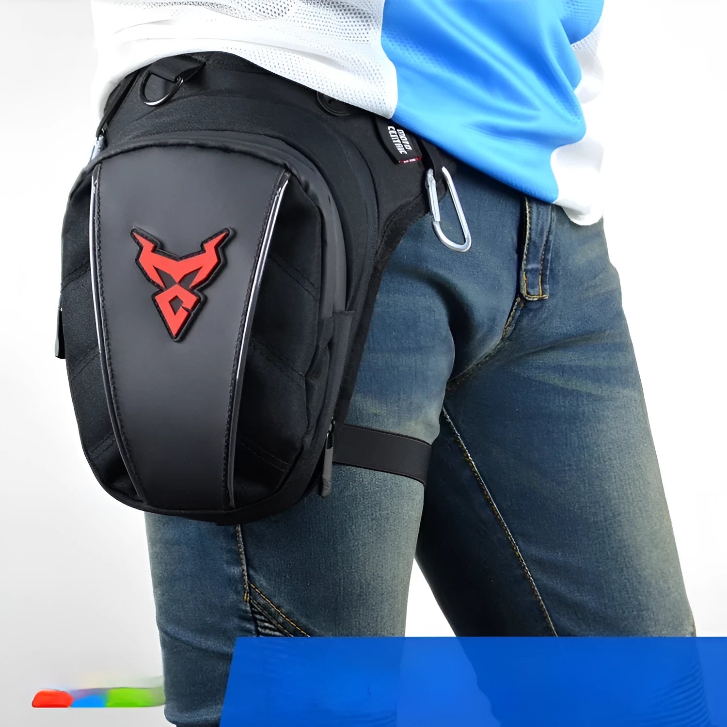 Motorcycle rider's leg bag in 1200D Oxford cloth, shown in red, blue, green, and grey colour options.