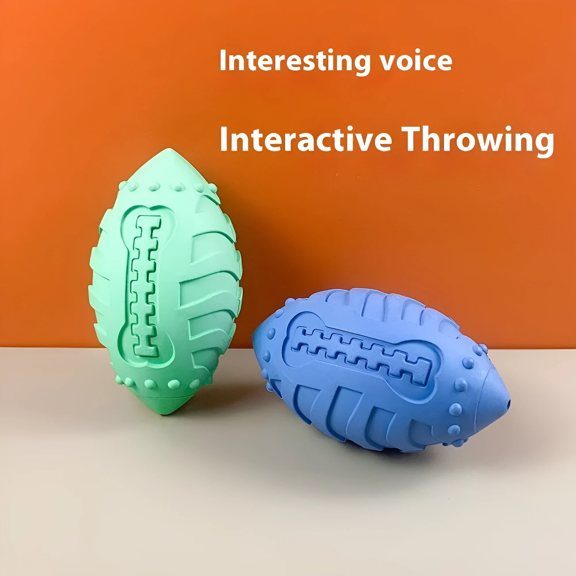 Light green or sapphire blue bite-resistant rubber dog rugby ball toy for teeth cleaning.