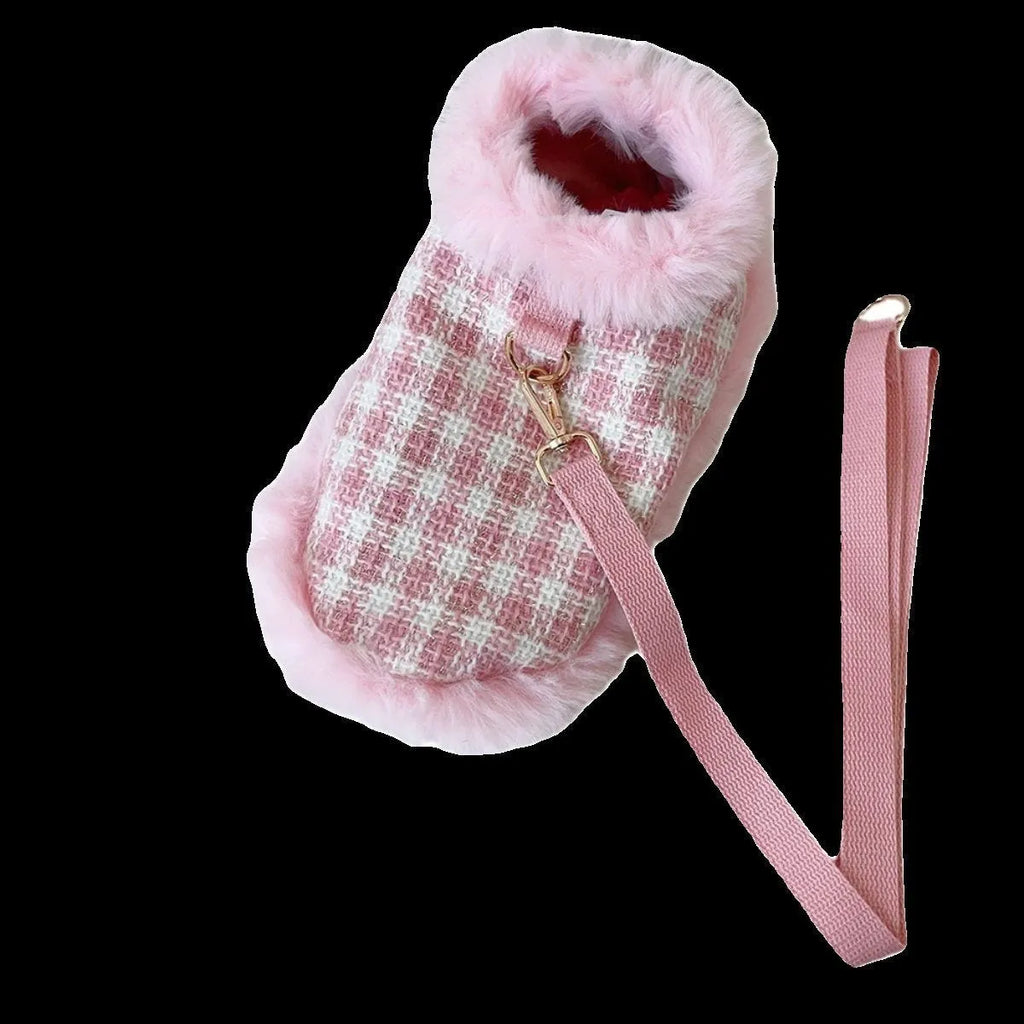 Pink cat costume with beret and cloak including hand-held control rope for pet dress-up