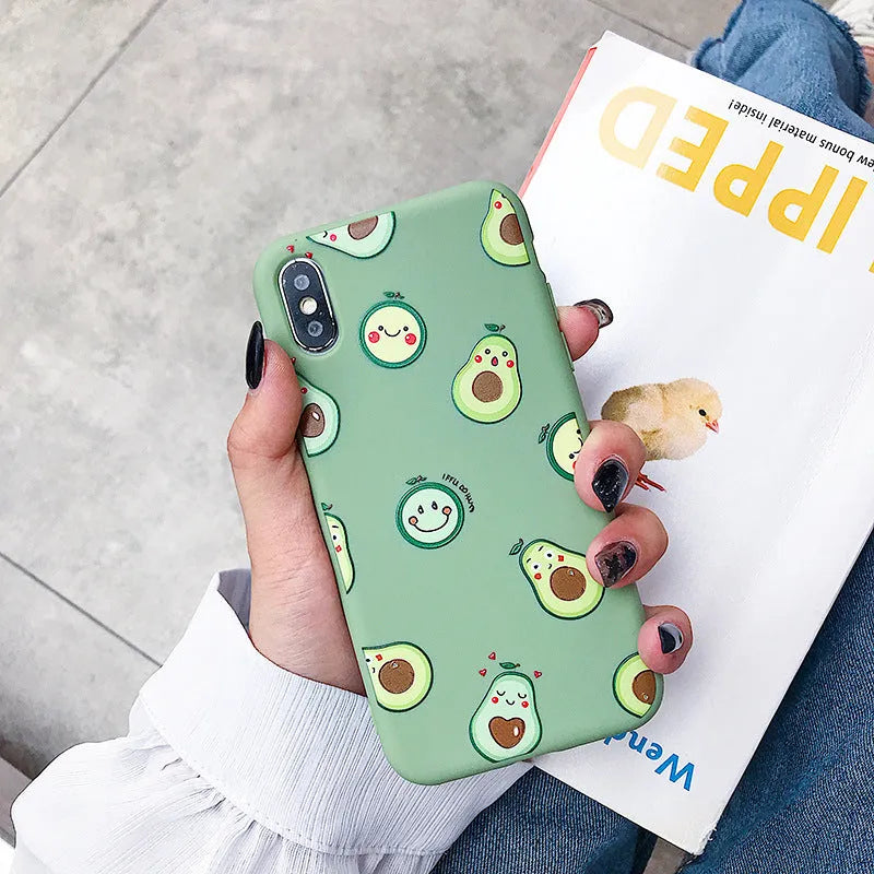 Avocado cartoon design on a flexible TPU mobile phone back cover case.