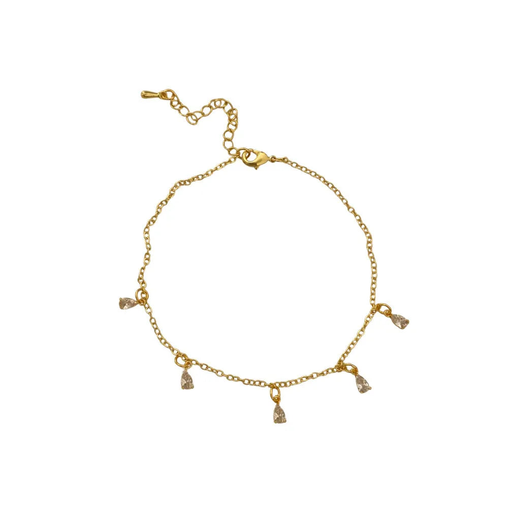 Women's zircon jewellery set showing geometric necklace, earrings, and anklet with meteor shower detail.