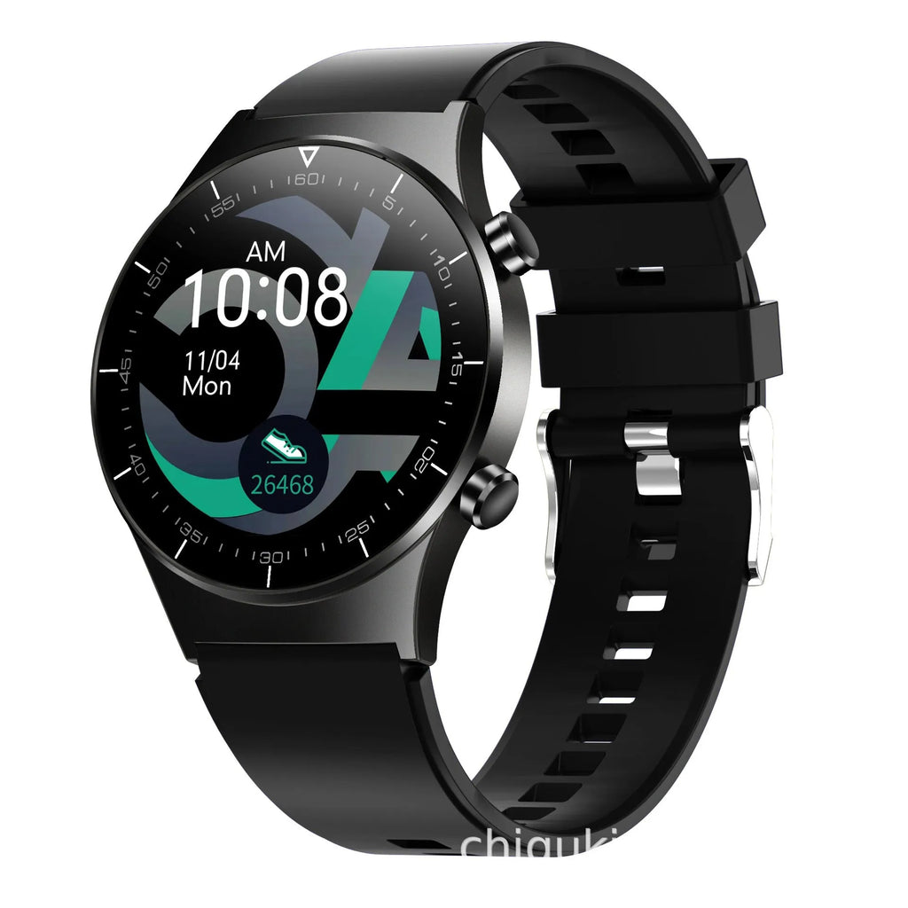 Black smart watch with health monitoring display showing blood pressure and heart rate metrics