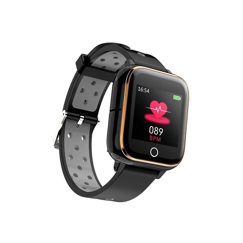 Black smartwatch with removable Bluetooth earbuds stored in watch case showing health monitoring display