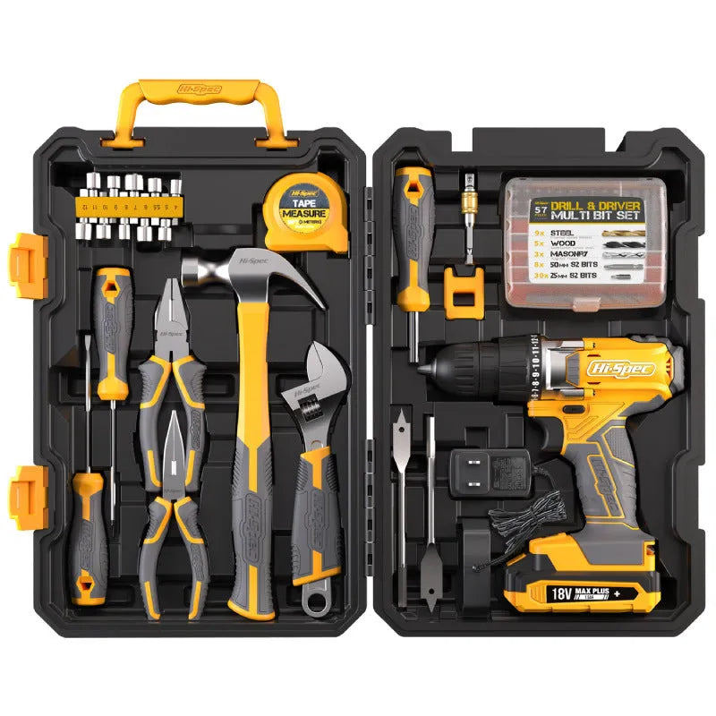 Grey yellow US style tool kit case open to show 82 pieces of chrome-vanadium steel hardware.