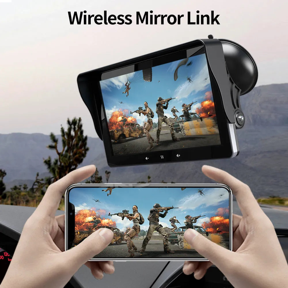 7 inch wireless CarPlay car display with cigarette lighter interface and suction cup mount