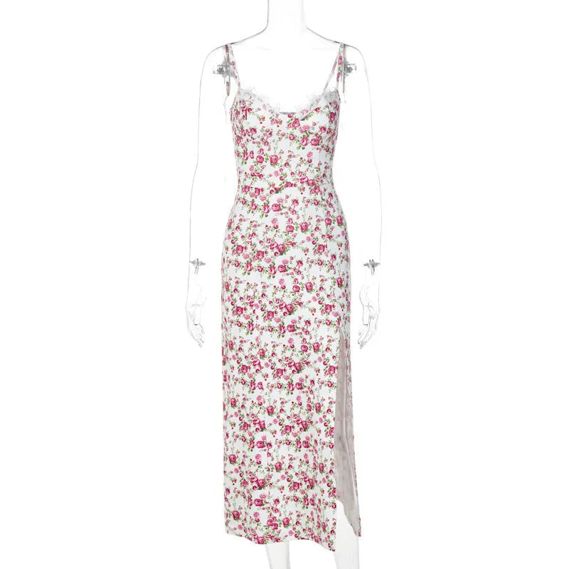 Women's lace flower print long dress with side slit and adjustable suspender straps in summer colours