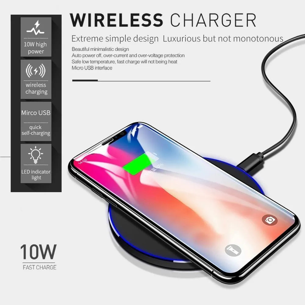 Ultra-thin black wireless fast charger with 9V QI charging and 98×98×6.5mm dimensions