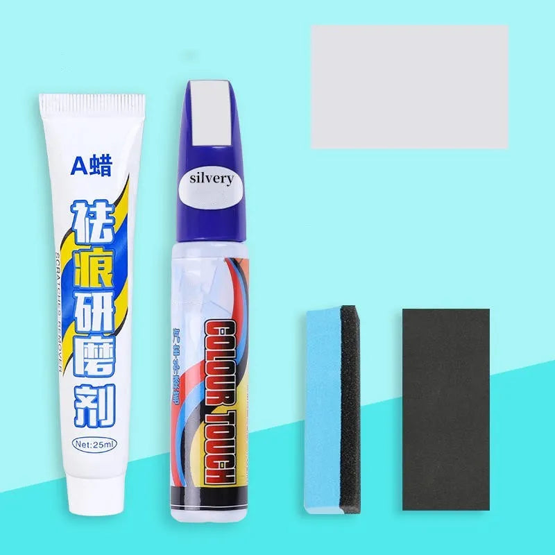 Car touch up paint pen and scratch repair kit four piece set with wax.