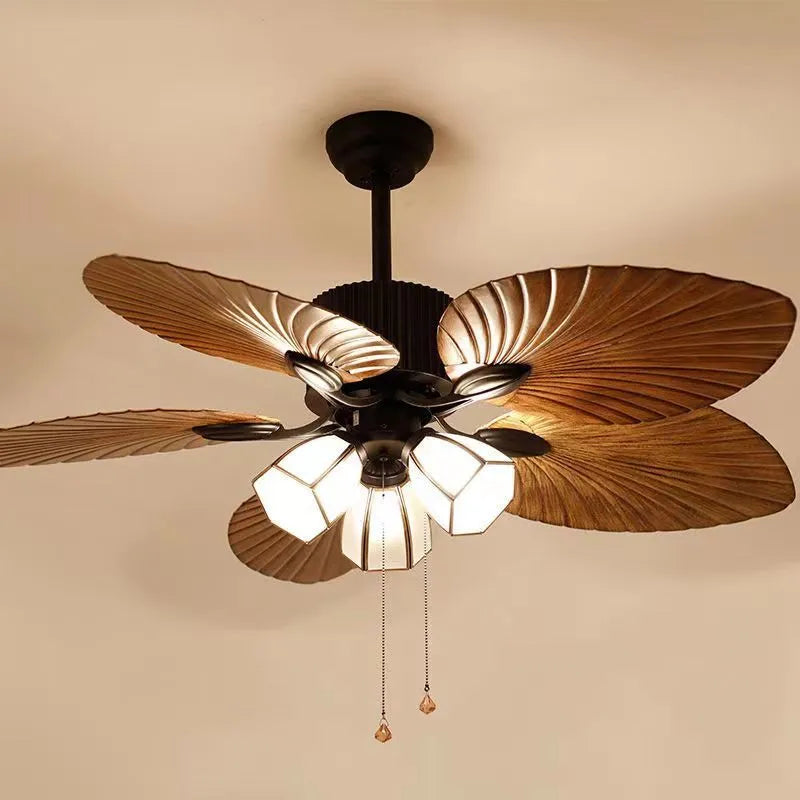 52-inch retro ceiling fan light with wooden blades and copper lampshade lighting