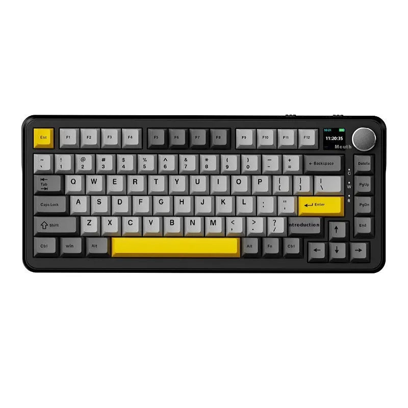 Black, grey and yellow mechanical keyboard with three wireless modes and compact 75% layout